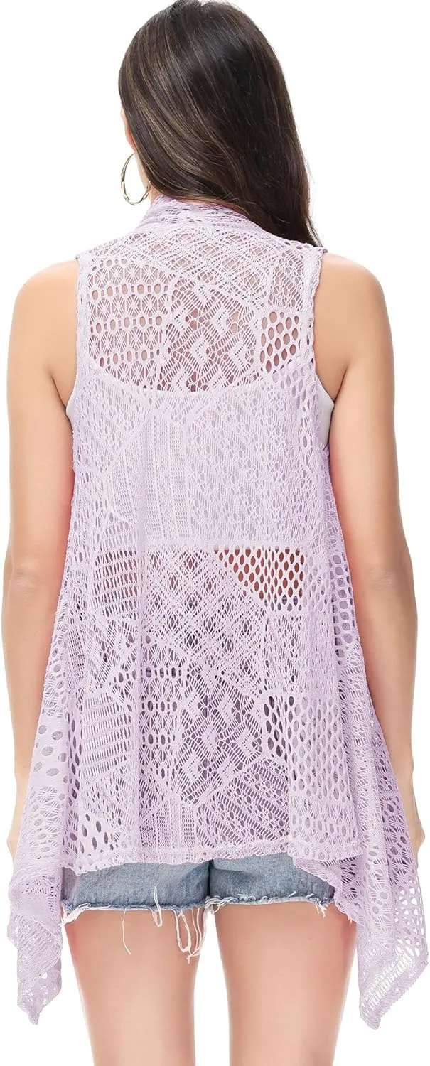 Anna-Kaci Womens Sleeveless Open Front Crochet Shawl Cardigan Bikini Cover Up