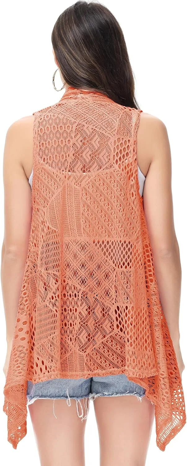 Anna-Kaci Womens Sleeveless Open Front Crochet Shawl Cardigan Bikini Cover Up