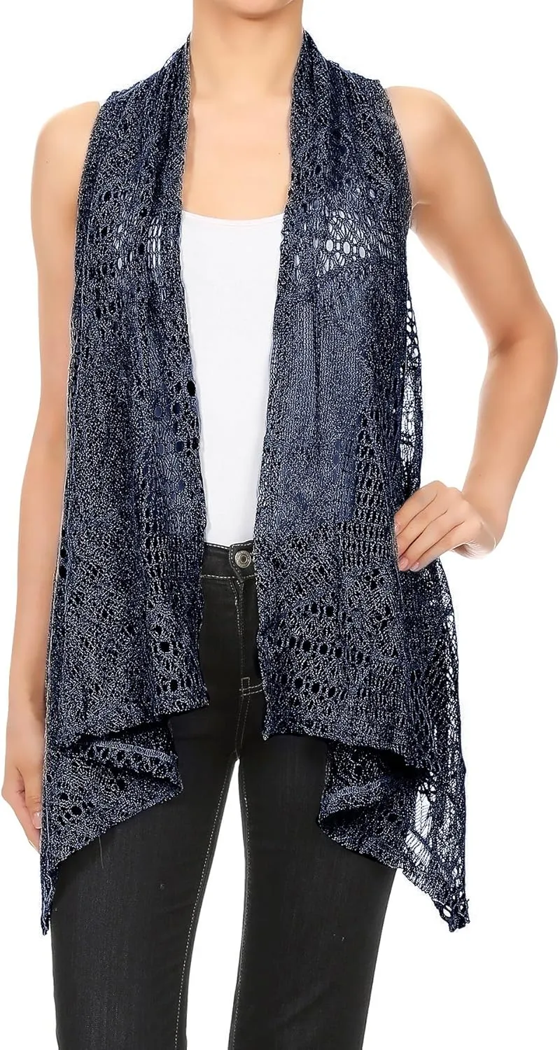 Anna-Kaci Womens Sleeveless Open Front Crochet Shawl Cardigan Bikini Cover Up