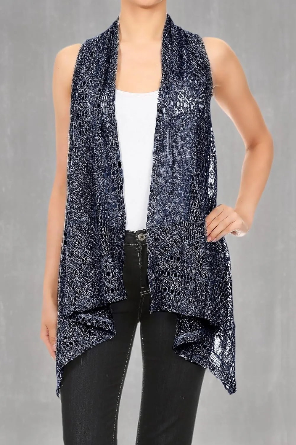 Anna-Kaci Womens Sleeveless Open Front Crochet Shawl Cardigan Bikini Cover Up