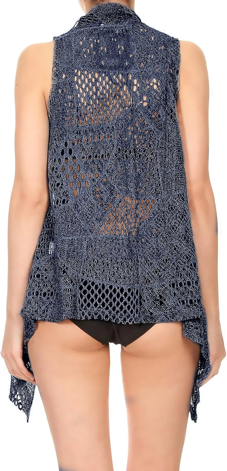 Anna-Kaci Womens Sleeveless Open Front Crochet Shawl Cardigan Bikini Cover Up