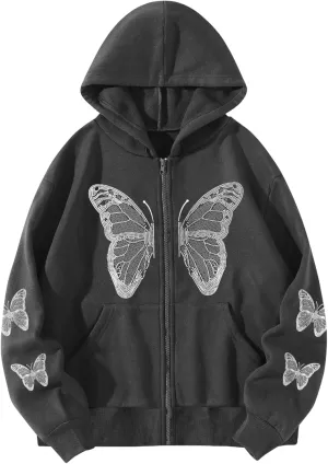 Aobiono Women Men Y2K Zip Up Oversized Hoodie Butterfly Skeleton Rhinestone Gothic Emo Grunge Alt Graphic Baggy Fleece Jacket