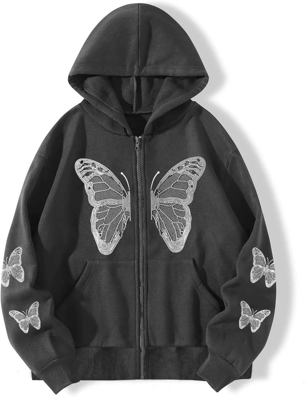 Aobiono Women Men Y2K Zip Up Oversized Hoodie Butterfly Skeleton Rhinestone Gothic Emo Grunge Alt Graphic Baggy Fleece Jacket