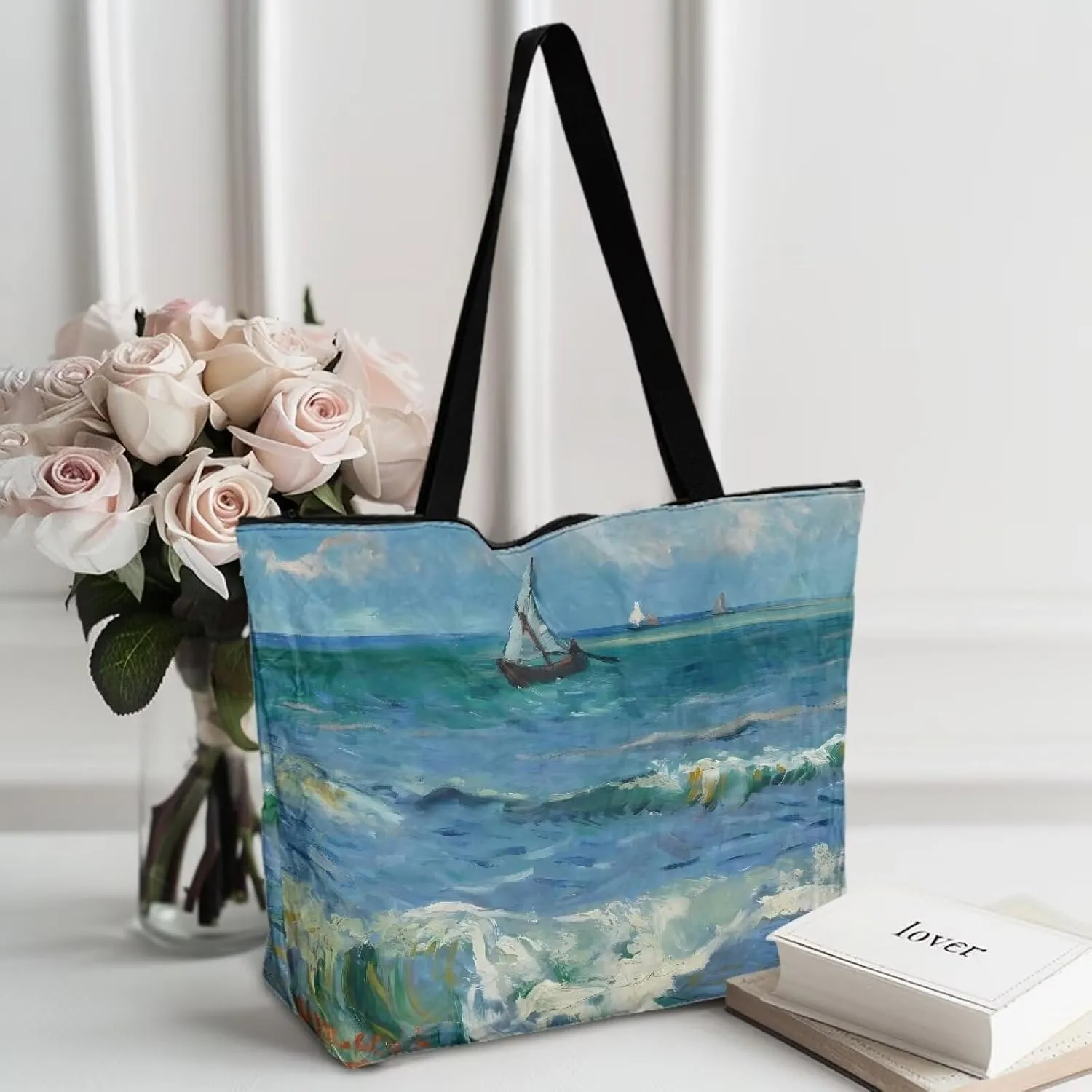 Art Lover Zippered Tote Bag Waterproof Large Work Tote Bags, Van Gogh Artwork Women's Purse Handbags Travel Totes