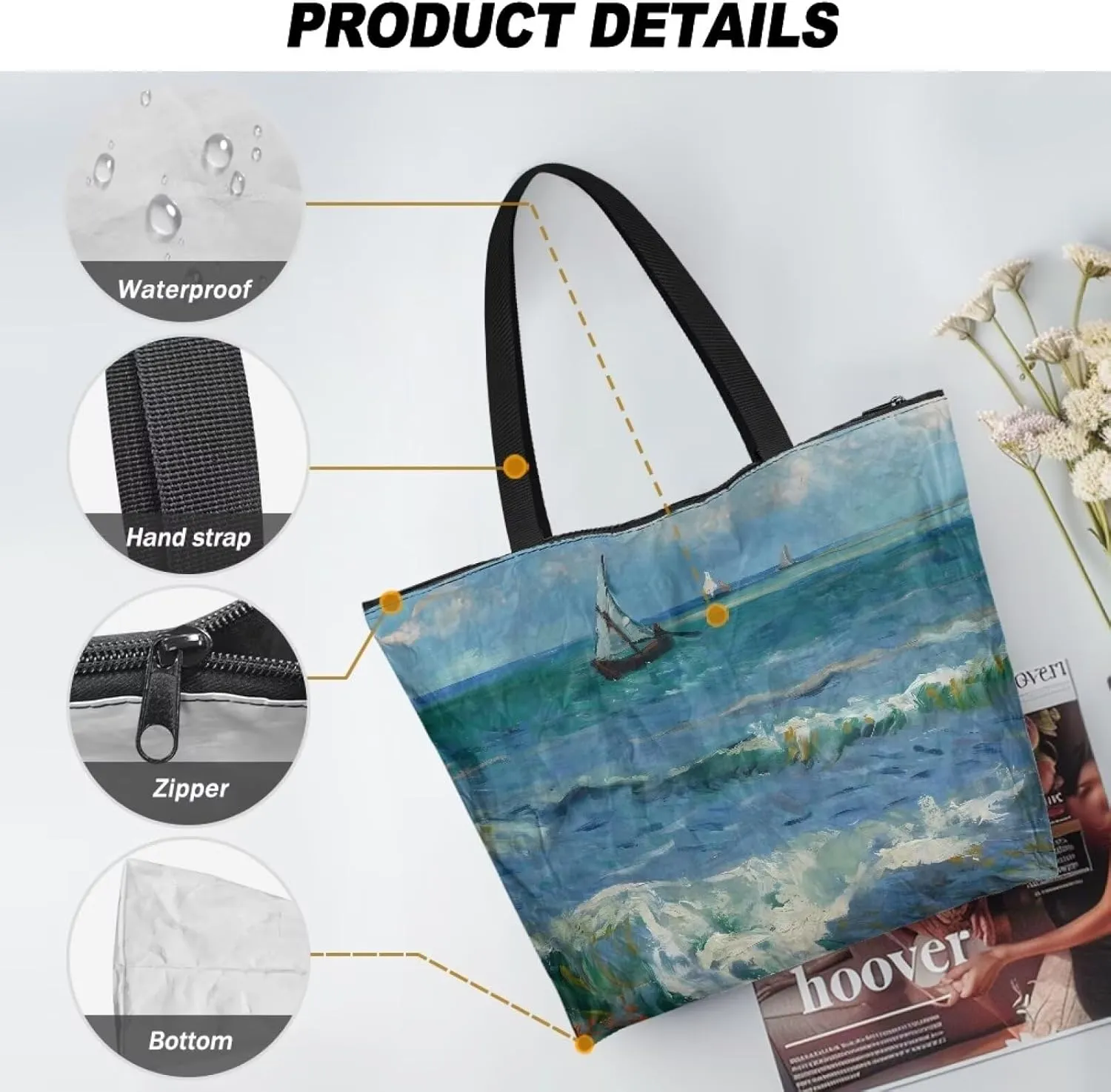 Art Lover Zippered Tote Bag Waterproof Large Work Tote Bags, Van Gogh Artwork Women's Purse Handbags Travel Totes
