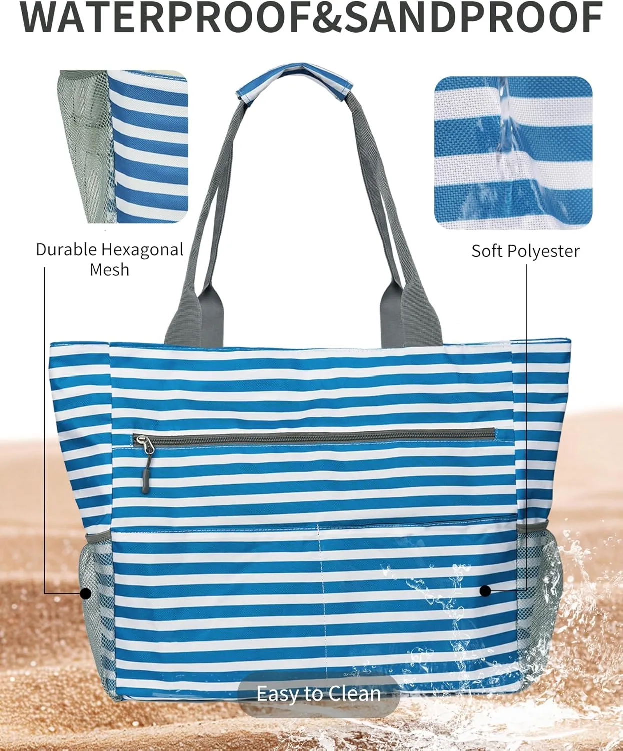 Beach Bag-Tote Bags for Women Waterproof Sandproof Beachs totes with zipper for Family Vacation Essential