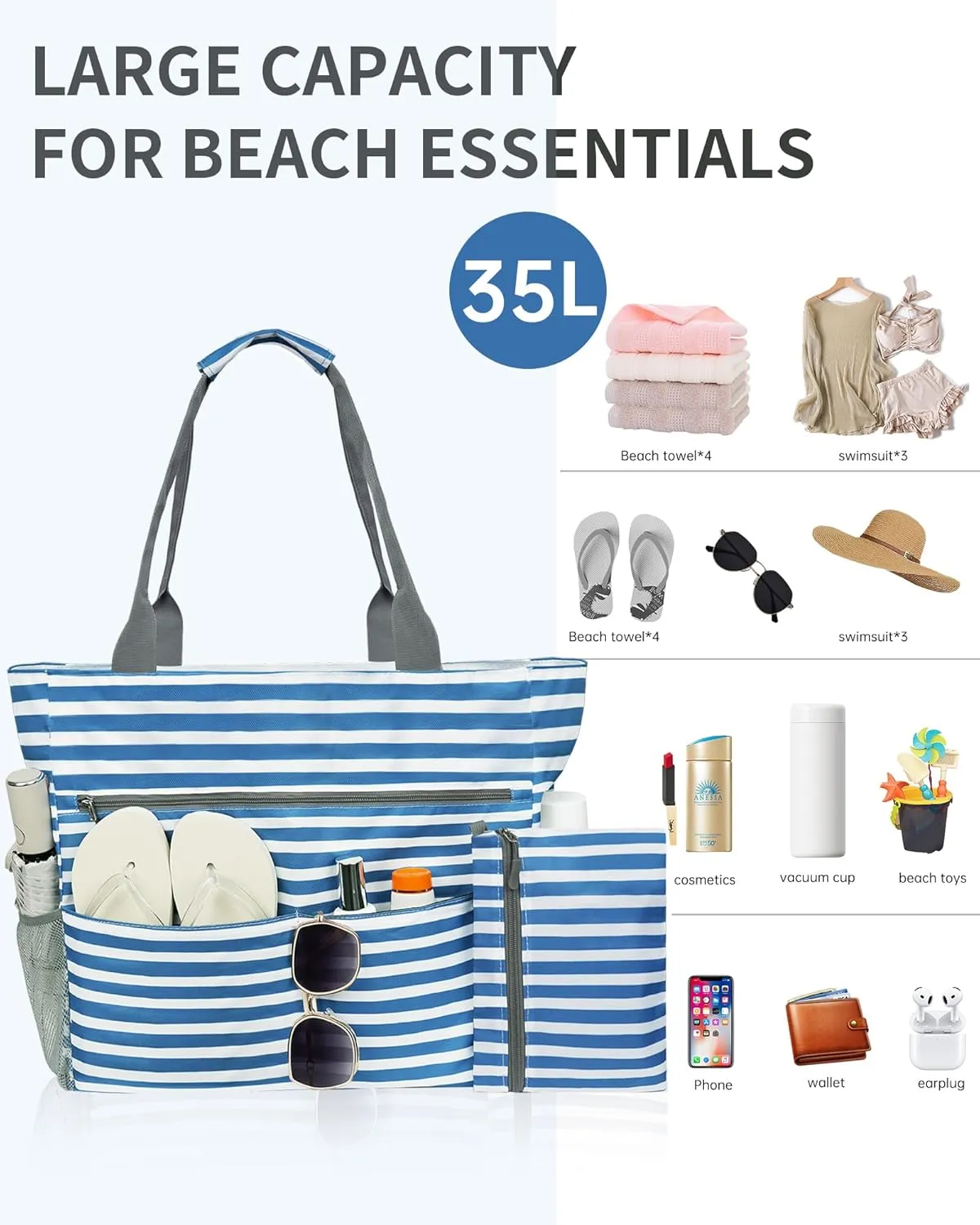 Beach Bag-Tote Bags for Women Waterproof Sandproof Beachs totes with zipper for Family Vacation Essential