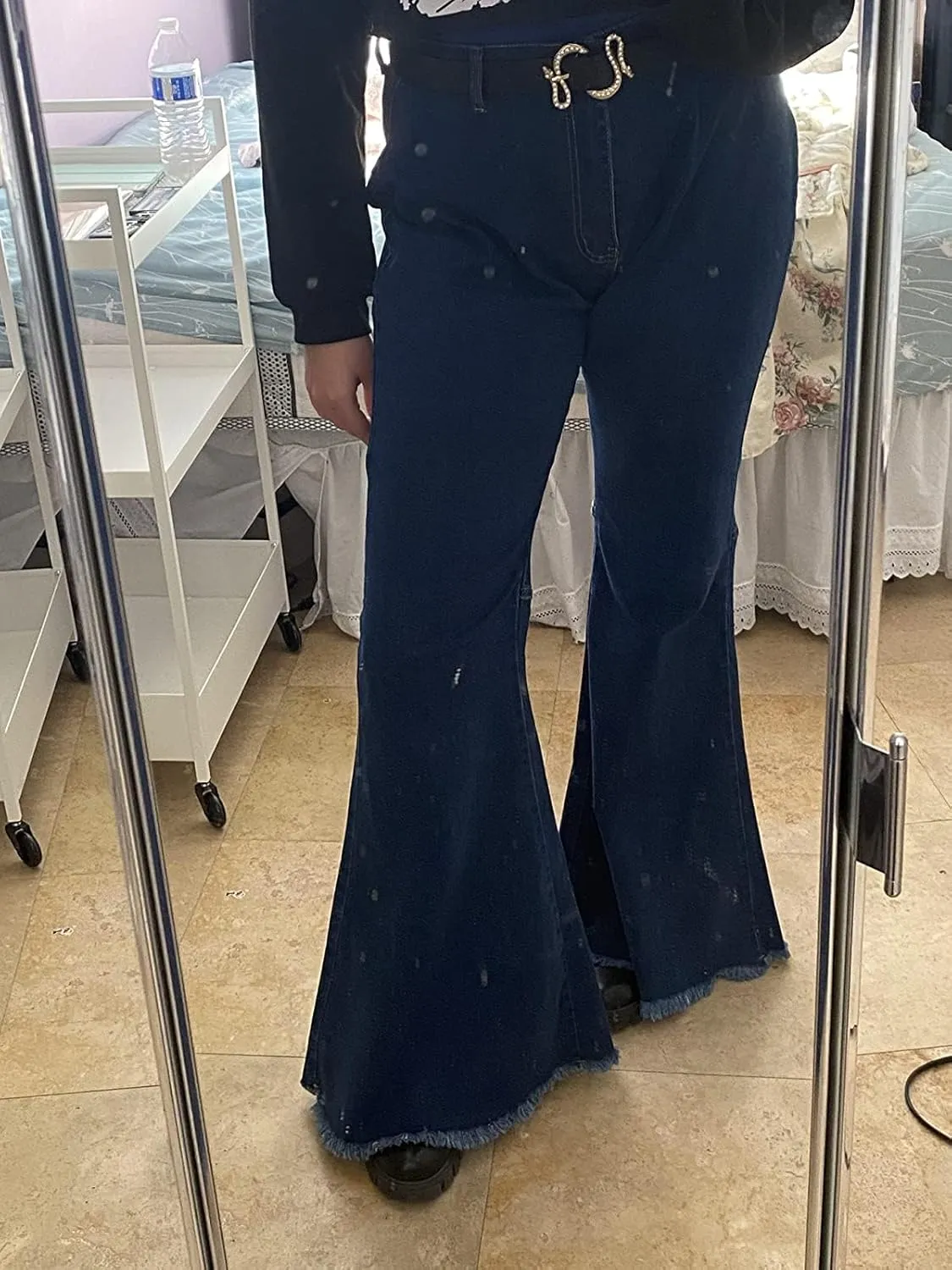 Bell Bottom Jeans for Women High Waisted Stretch Ripped Skinny Hole Classic Raw Hem Denim Flare Pants