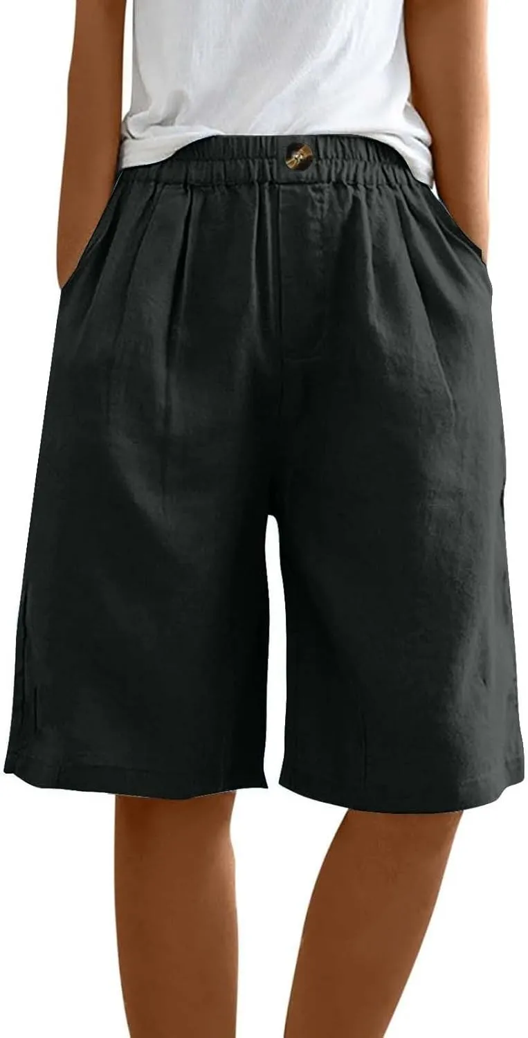 Bermuda Linen Shorts for Women Summer Wide Leg Knee Length High Waisted Shorts Casual Workout Long Short with Pockets