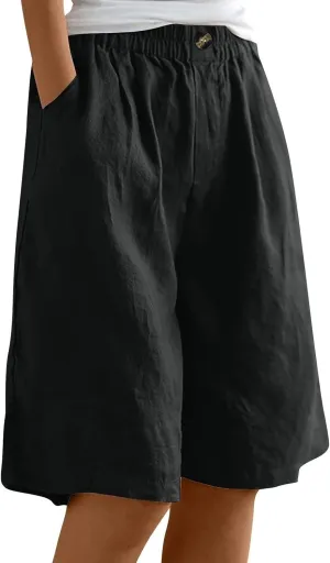 Bermuda Linen Shorts for Women Summer Wide Leg Knee Length High Waisted Shorts Casual Workout Long Short with Pockets