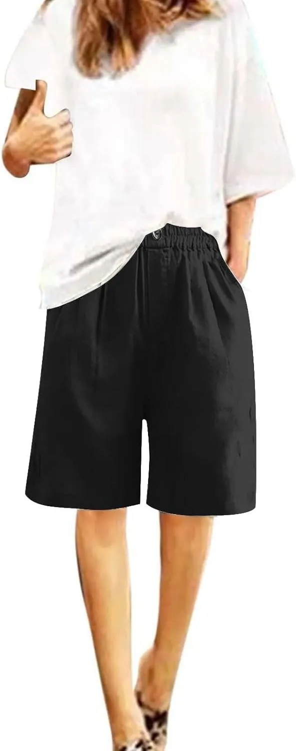 Bermuda Linen Shorts for Women Summer Wide Leg Knee Length High Waisted Shorts Casual Workout Long Short with Pockets