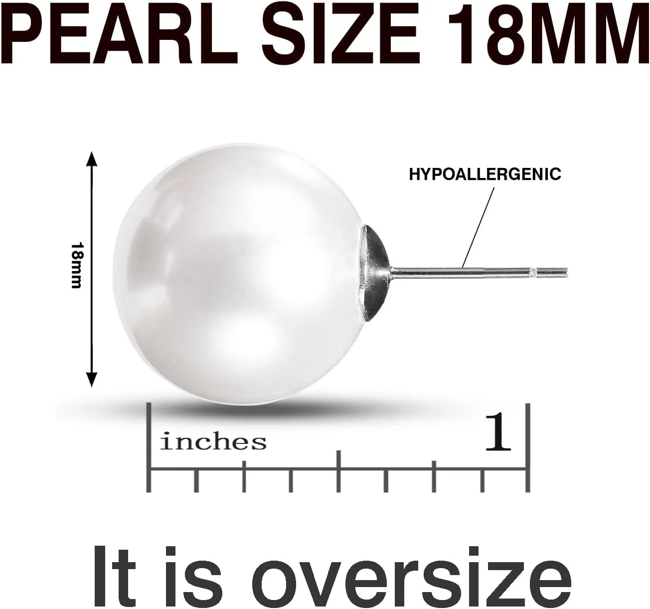 Big Pearl Earrings - Extra Oversized Classic Faux Round Large Simulated Pearl Studs for Women,Hypoallergenic to Sensitive Ears