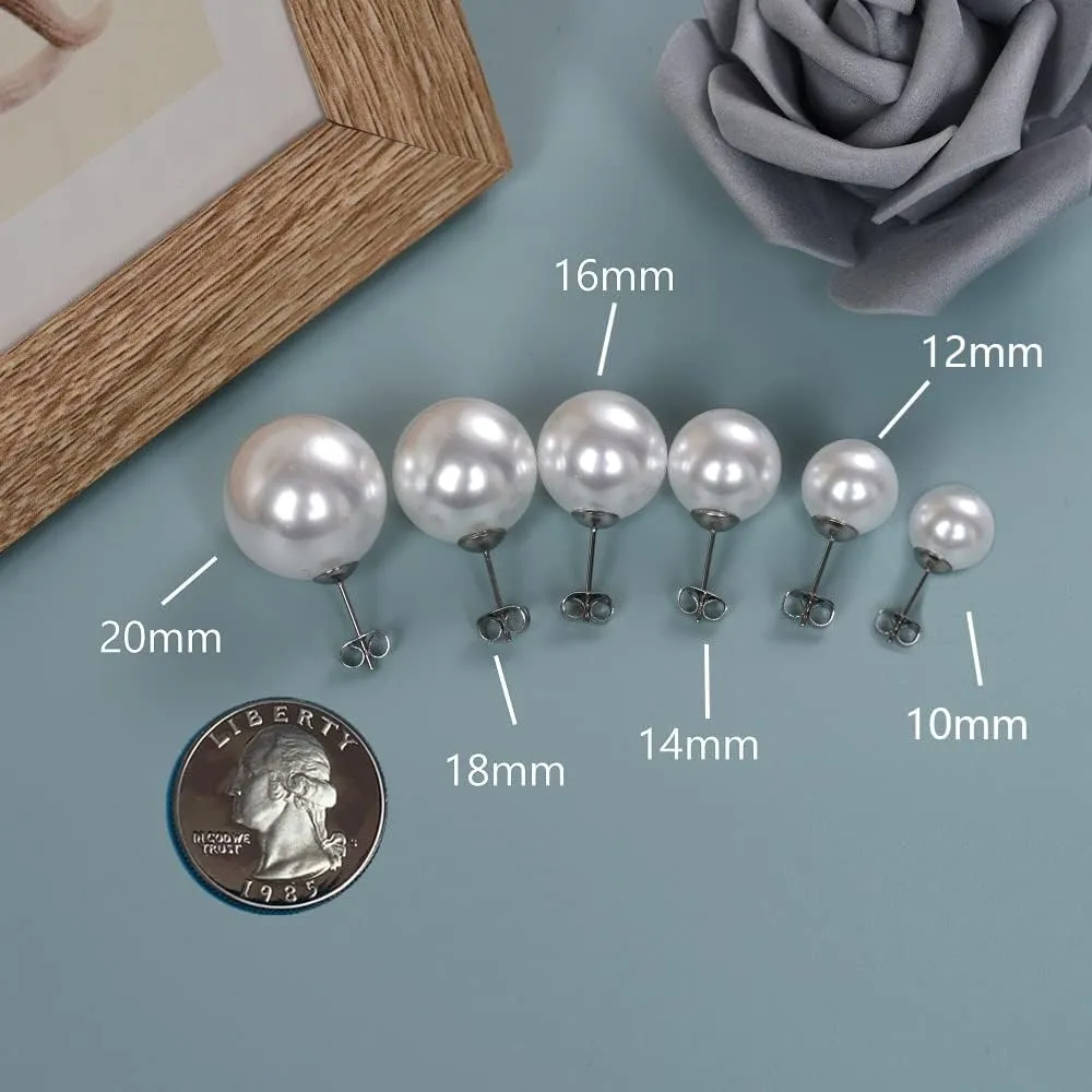 Big Pearl Earrings - Extra Oversized Classic Faux Round Large Simulated Pearl Studs for Women,Hypoallergenic to Sensitive Ears