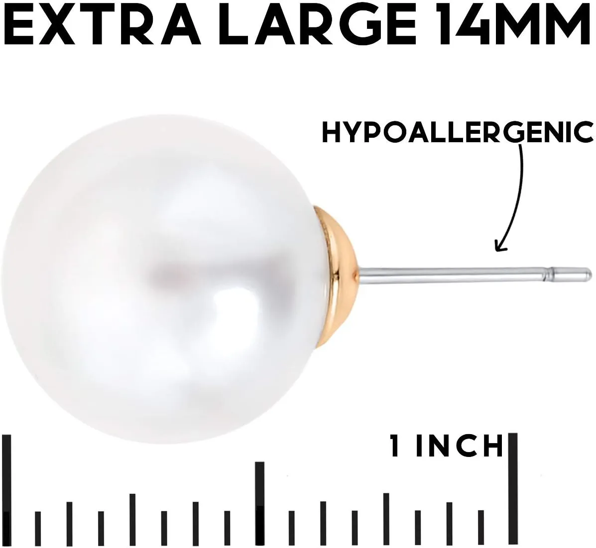 Big Simulated Pearl Earrings for Women - Oversized Classic Faux Round Large Ear Studs, Hypoallergenic and Safe for Sensitive Ears