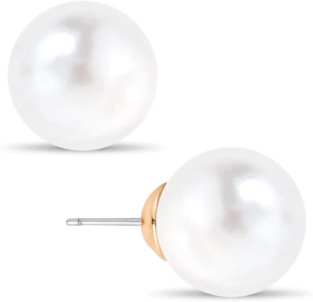 Big Simulated Pearl Earrings for Women - Oversized Classic Faux Round Large Ear Studs, Hypoallergenic and Safe for Sensitive Ears