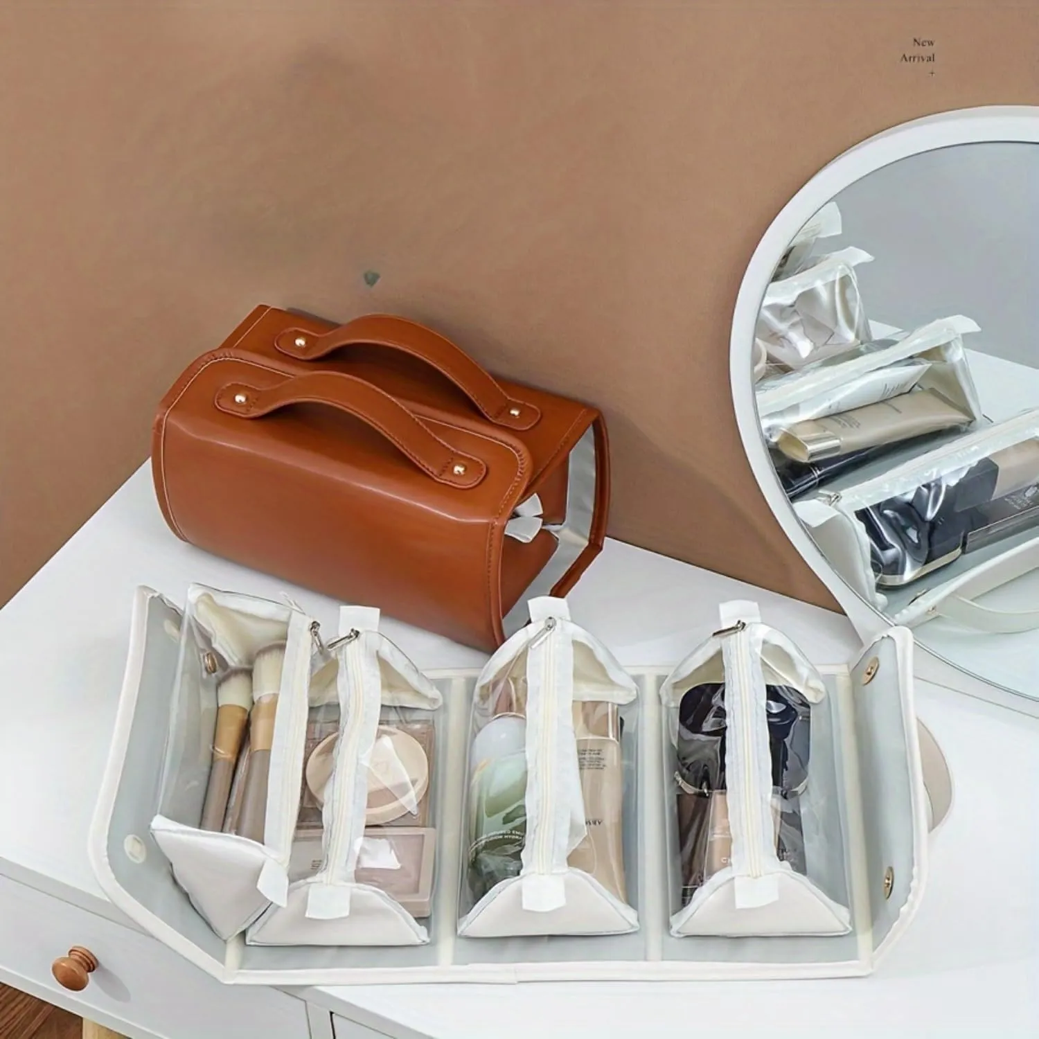 Binozinco Cosmetic Bag - Leather Waterproof Cosmetic Bag, Detachable 4 In 1 Roll Up Makeup Bag, Spacious & Efficient Storage, Hanging Cosmetic Travel Bag for Women (C)