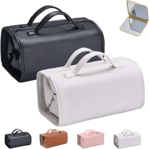 Binozinco Cosmetic Bag - Leather Waterproof Cosmetic Bag, Detachable 4 In 1 Roll Up Makeup Bag, Spacious & Efficient Storage, Hanging Cosmetic Travel Bag for Women (C)