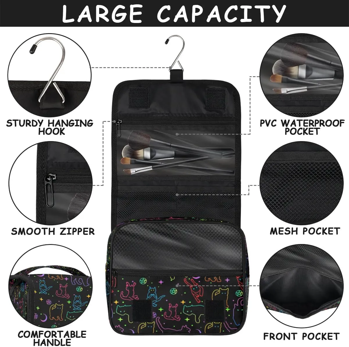 Black Cats Hanging Toiletry Bag, Spacious Travel Toiletry Bag for Women Men, Cosmetic Bags for Women, Travel Makeup Bag Suitable for Business, Camping, and Fitness