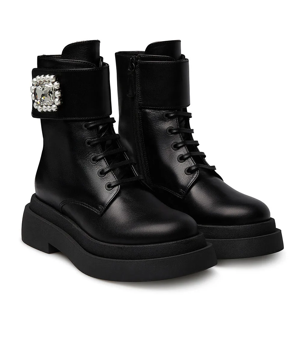 Black jewel buckle calfskin ankle boots