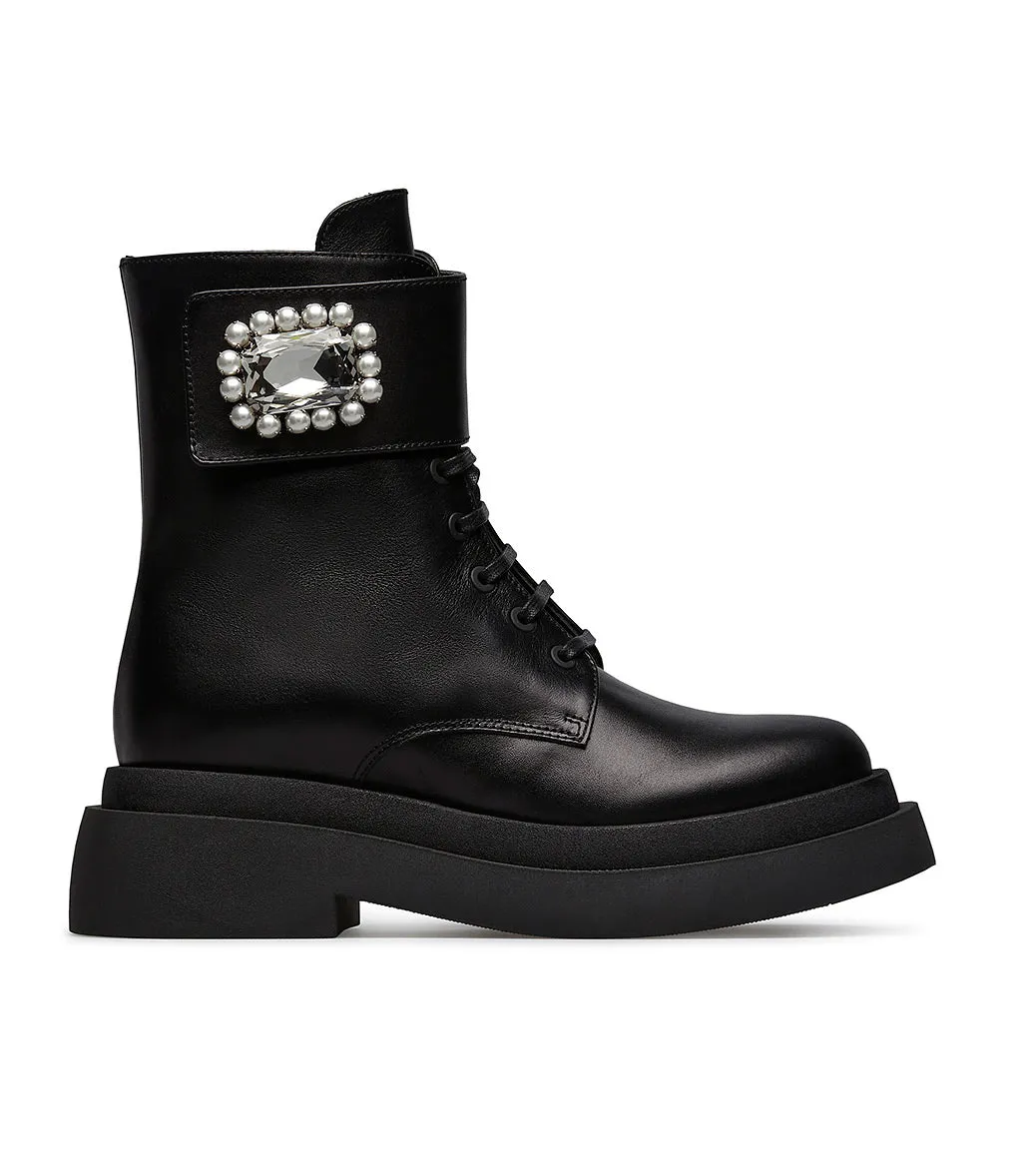 Black jewel buckle calfskin ankle boots