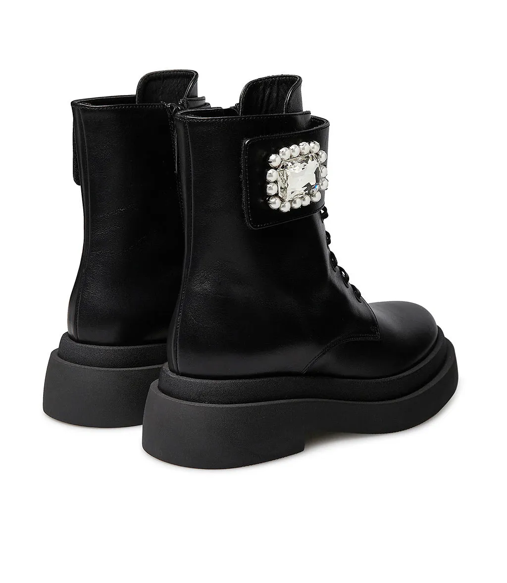 Black jewel buckle calfskin ankle boots