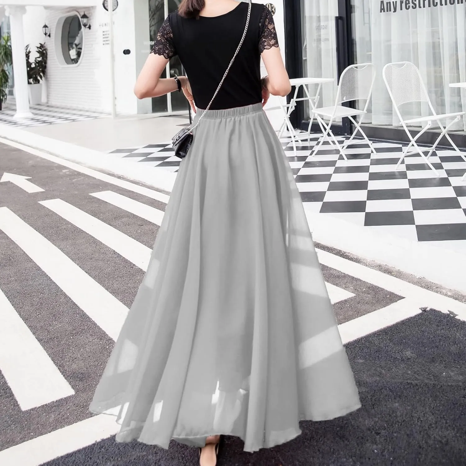 Boho Skirts for Women Summer Lightweight Sheer High Elastic Waist Pleated Loose Mesh Long Skirts for Going Out Outfits