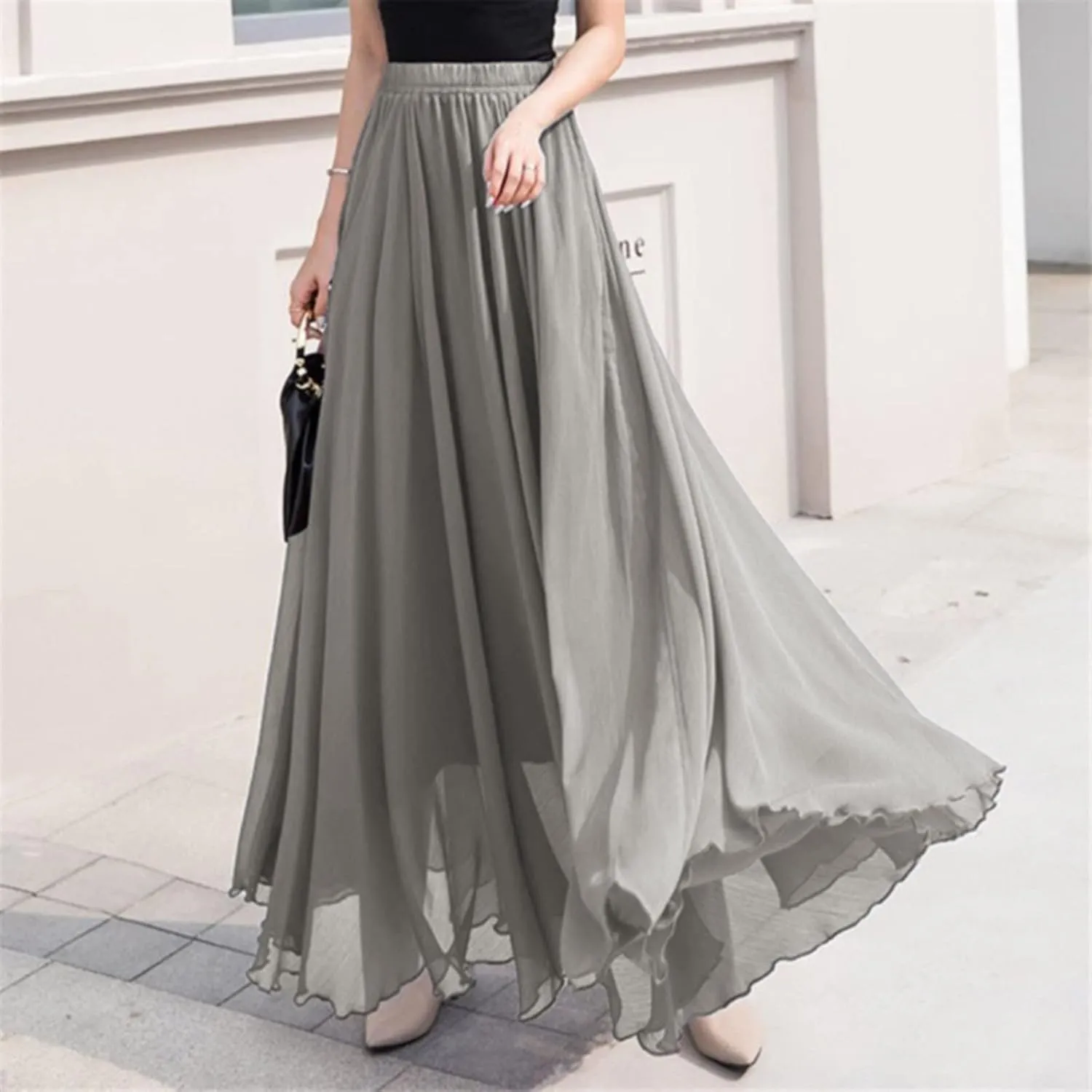 Boho Skirts for Women Summer Lightweight Sheer High Elastic Waist Pleated Loose Mesh Long Skirts for Going Out Outfits