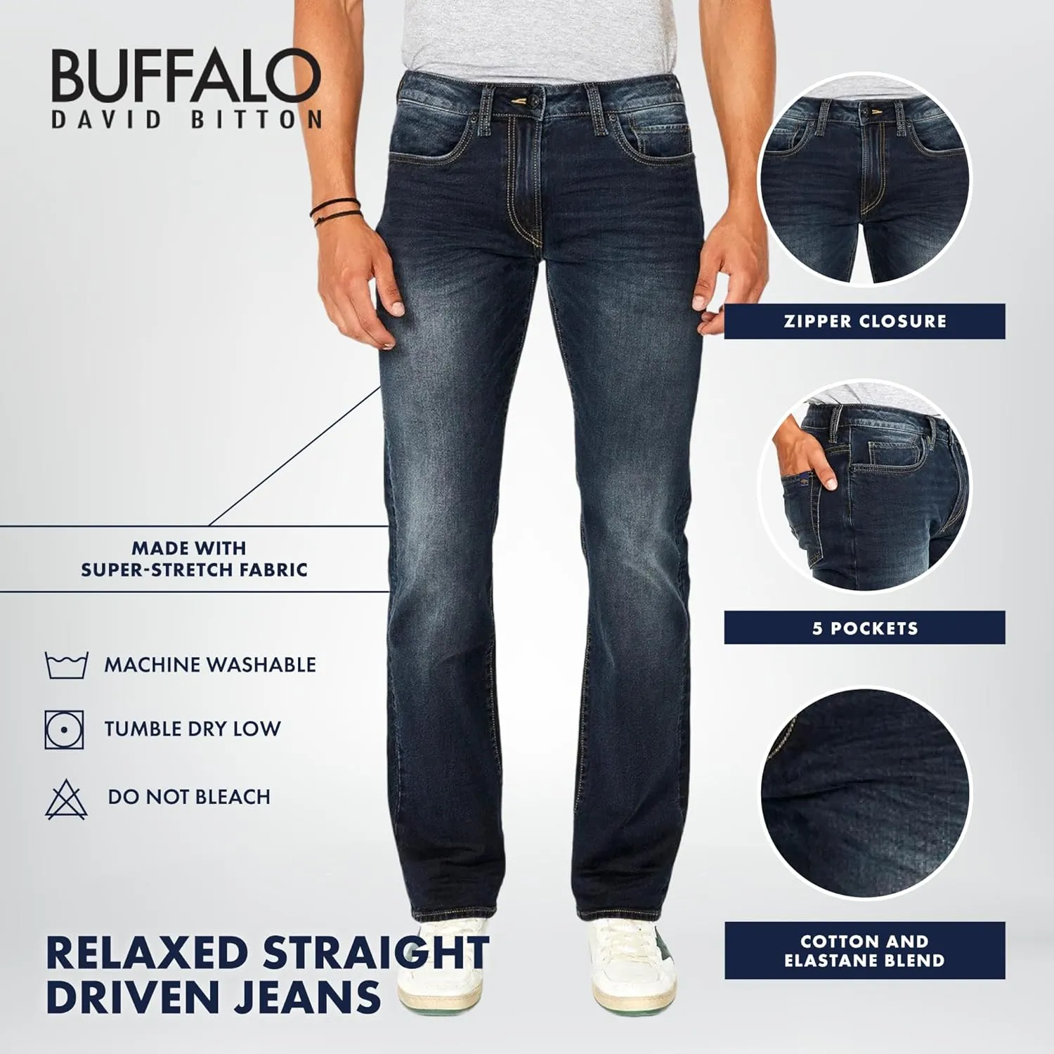 Buffalo David Bitton Men's Relaxed Straight Leg Driven Jean with Stretch Fabric