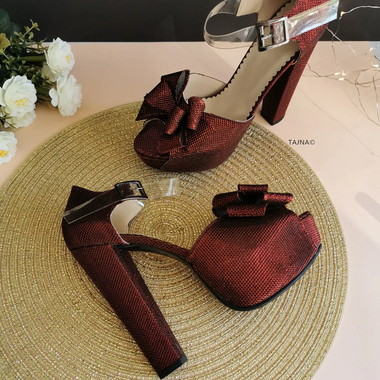 Burgundy Ribbon Transparent Strap Platforms