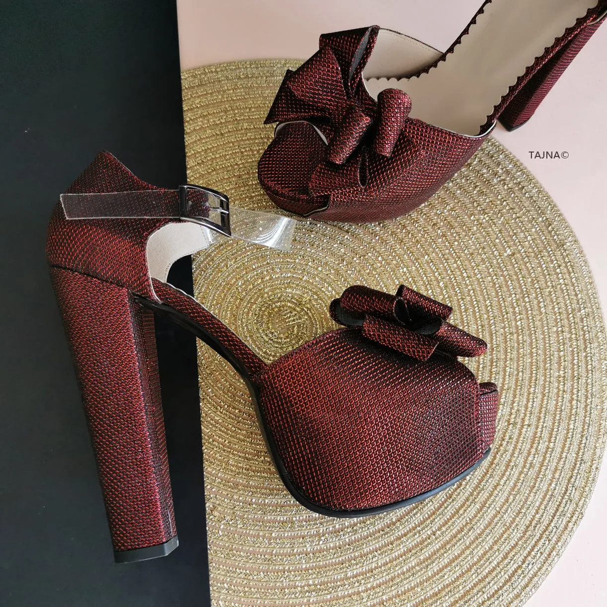 Burgundy Ribbon Transparent Strap Platforms