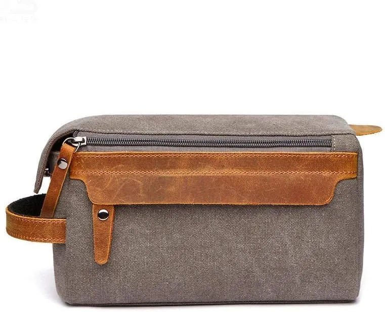 Canvas Dopp Kit Stylish Travel Essential for Men and Women Khaki Mini Pouch with Leather Zipper Perfect Grooming Gift Toiletry Bag for Shaving and Accessories Compact, Durable, and Versatile Organizer