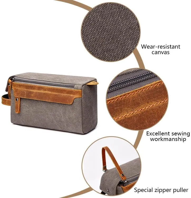 Canvas Dopp Kit Stylish Travel Essential for Men and Women Khaki Mini Pouch with Leather Zipper Perfect Grooming Gift Toiletry Bag for Shaving and Accessories Compact, Durable, and Versatile Organizer