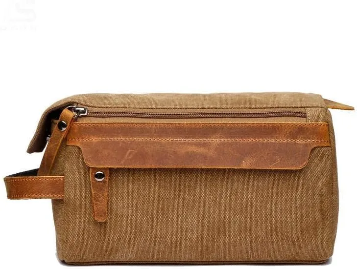 Canvas Dopp Kit Stylish Travel Essential for Men and Women Khaki Mini Pouch with Leather Zipper Perfect Grooming Gift Toiletry Bag for Shaving and Accessories Compact, Durable, and Versatile Organizer