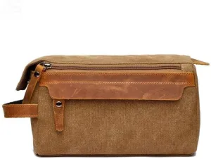 Canvas Dopp Kit Stylish Travel Essential for Men and Women Khaki Mini Pouch with Leather Zipper Perfect Grooming Gift Toiletry Bag for Shaving and Accessories Compact, Durable, and Versatile Organizer