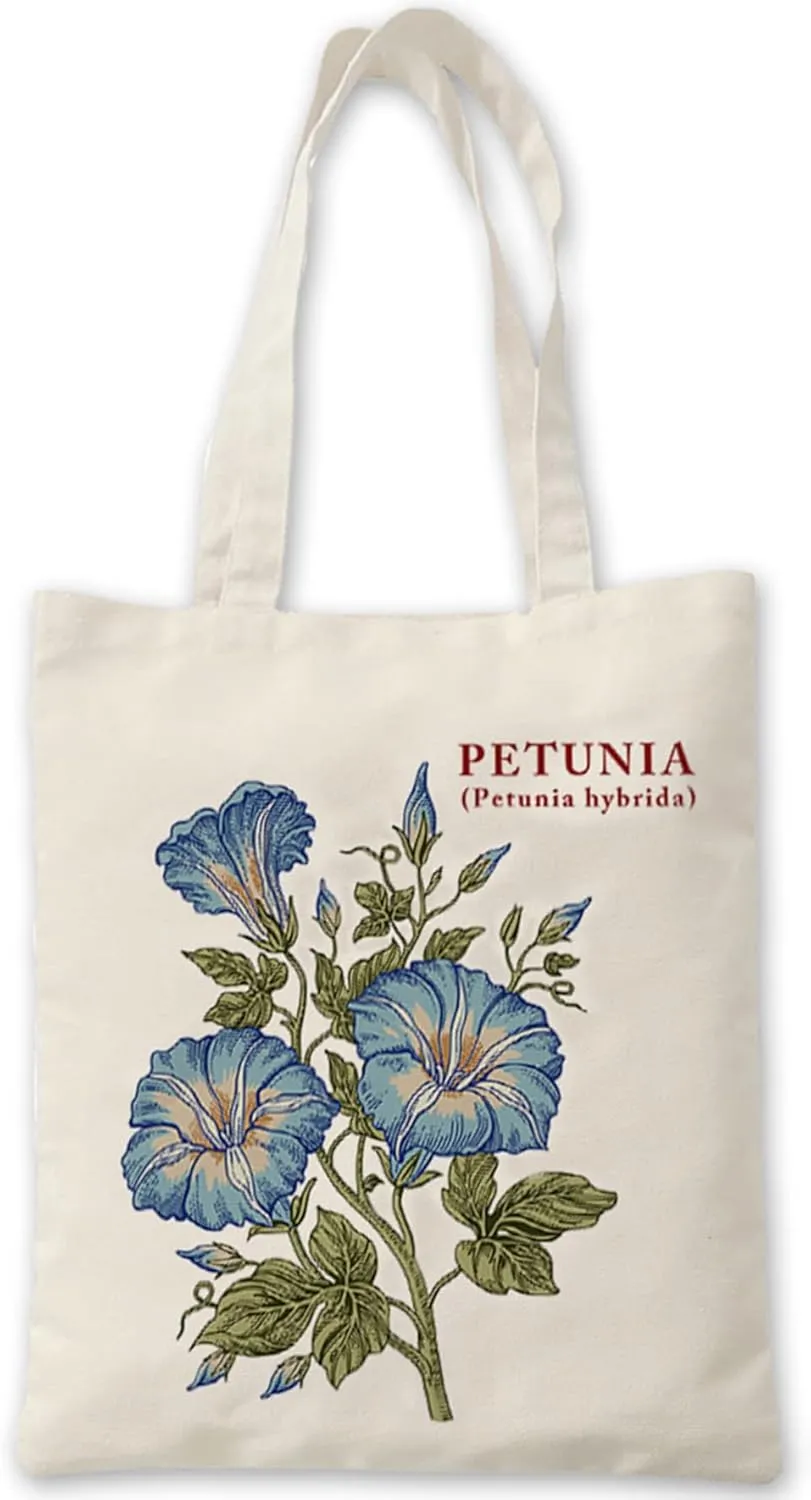 Canvas Floral Botanical Tote Bag for Women Teacher, Reusable Grocery Bags, Cute Cat Tote Bags Aesthetic for Shopping