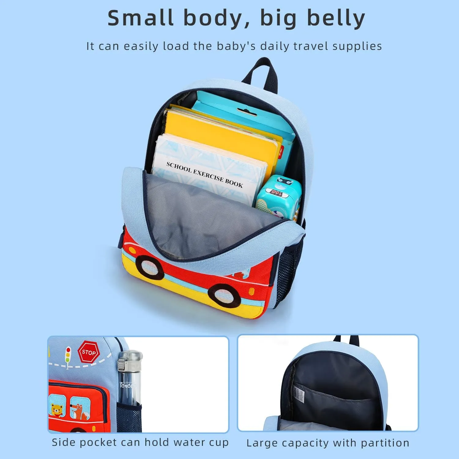 Car Dinosaur Kids Toddler Backpack for Boys and Girls Children Waterproof Preschool Bag(Blue Music Party)