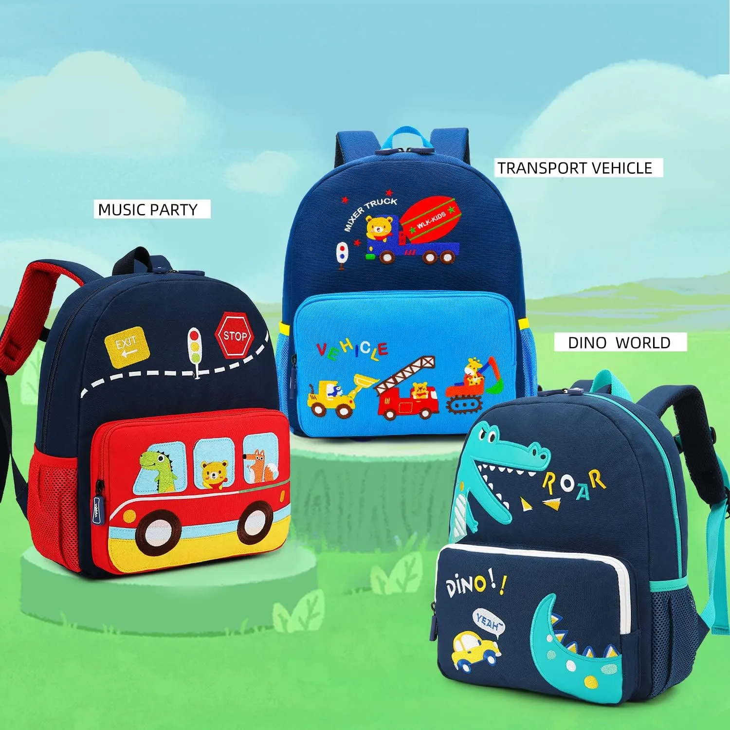 Car Dinosaur Kids Toddler Backpack for Boys and Girls Children Waterproof Preschool Bag(Blue Traffic Paradise)