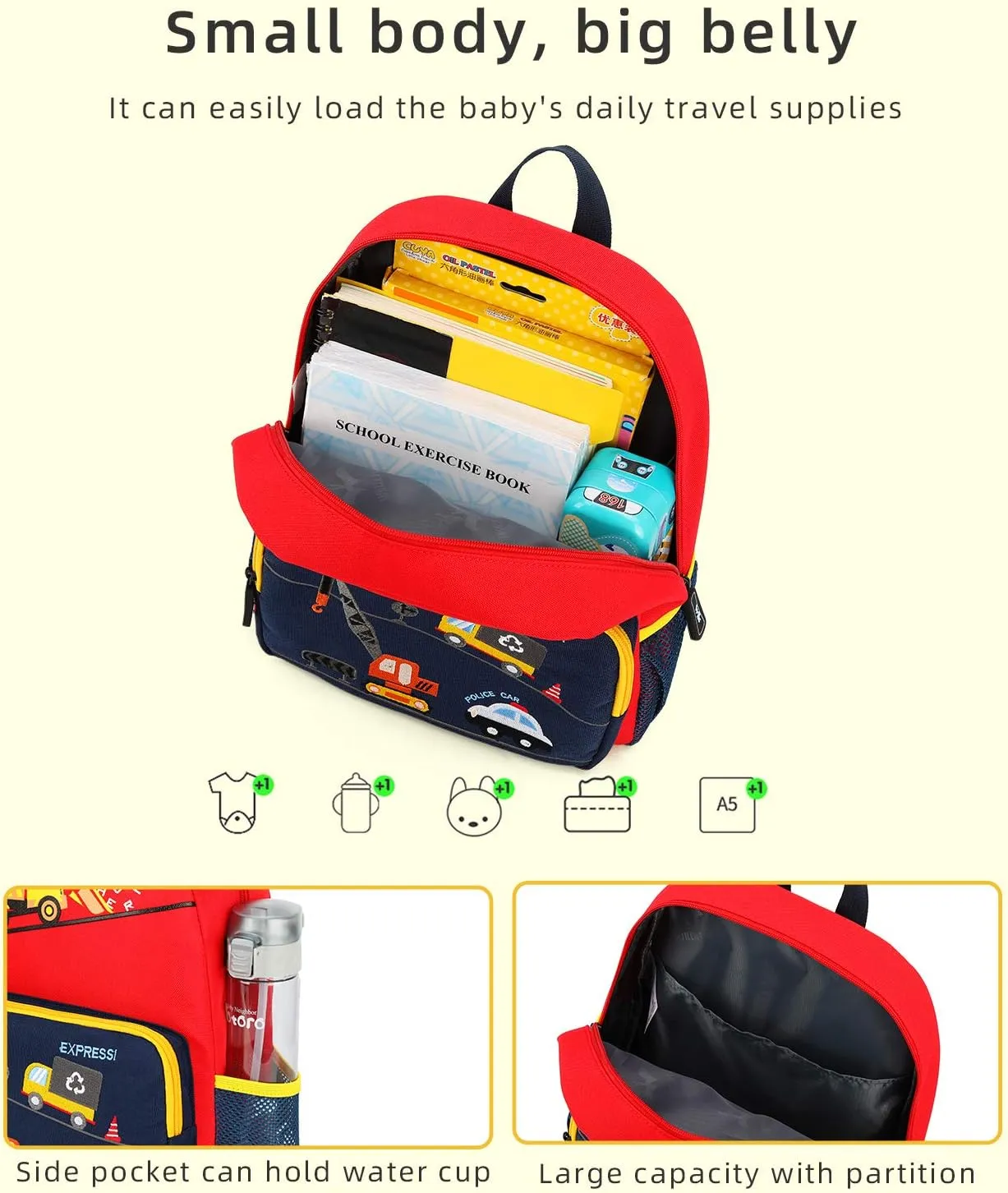 Car Dinosaur Kids Toddler Backpack for Boys and Girls Children Waterproof Preschool Bag(Bus)
