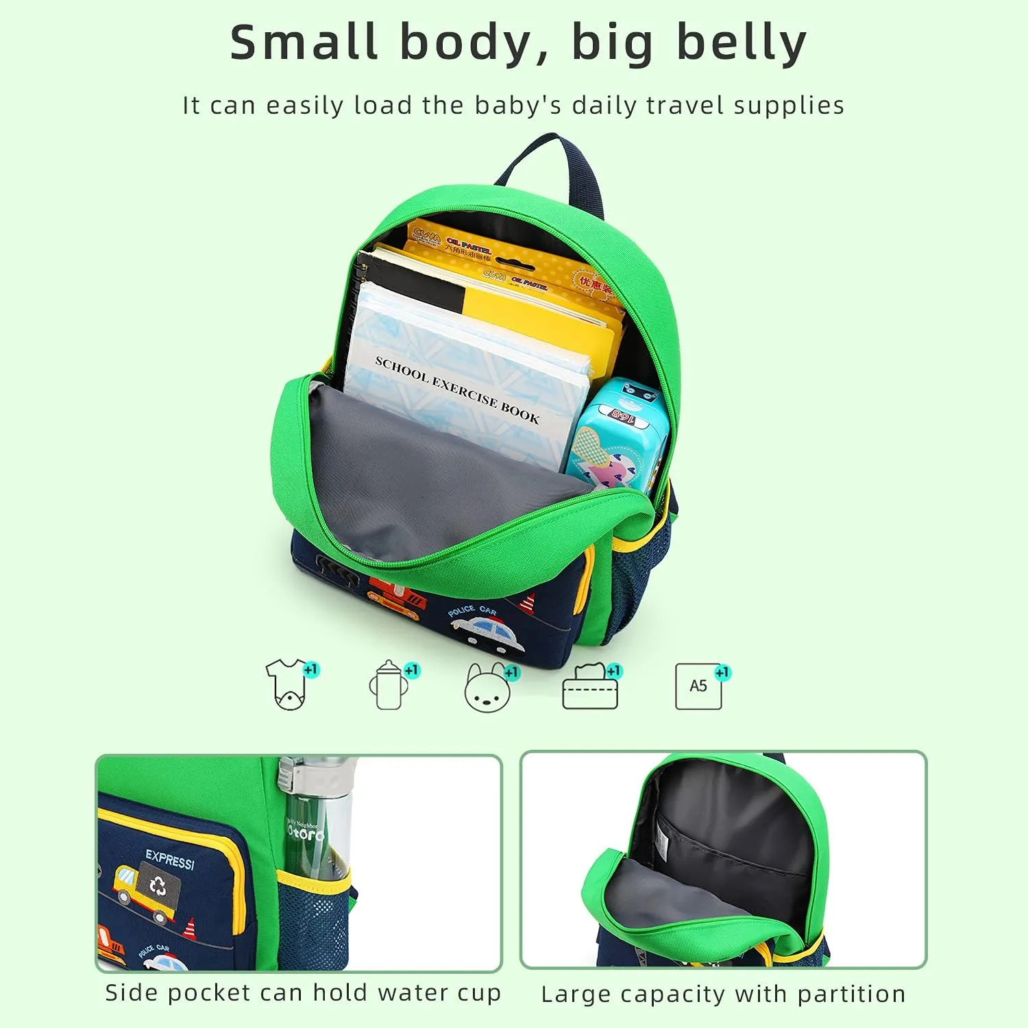 Car Dinosaur Kids Toddler Backpack for Boys and Girls Children Waterproof Preschool Bag(Green Bus)