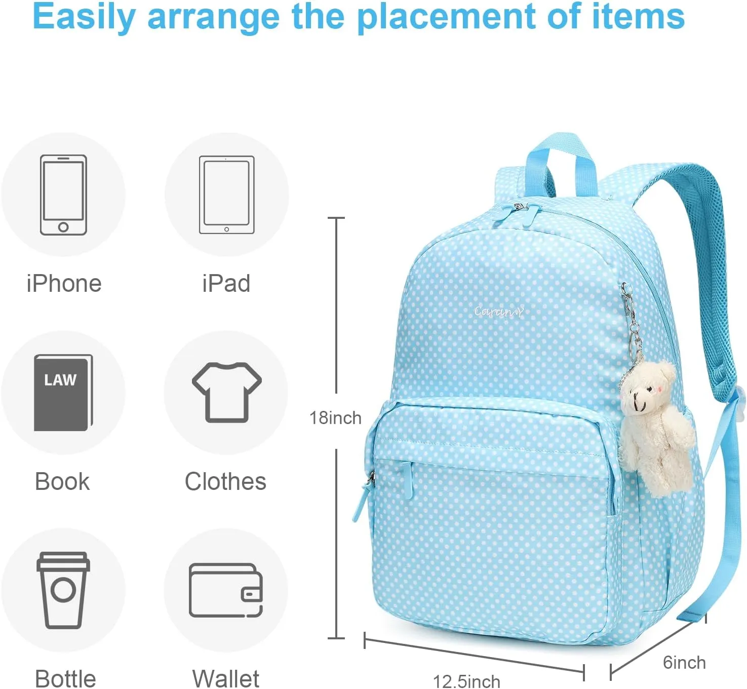 CaranY Lightweight Waterproof School Backpack for Kids Teens-Durable Travel Daypack for Boys & Girls Ages 6-18  with Padded Adjustable Straps Comfortable Design 30L(Blue Dots)