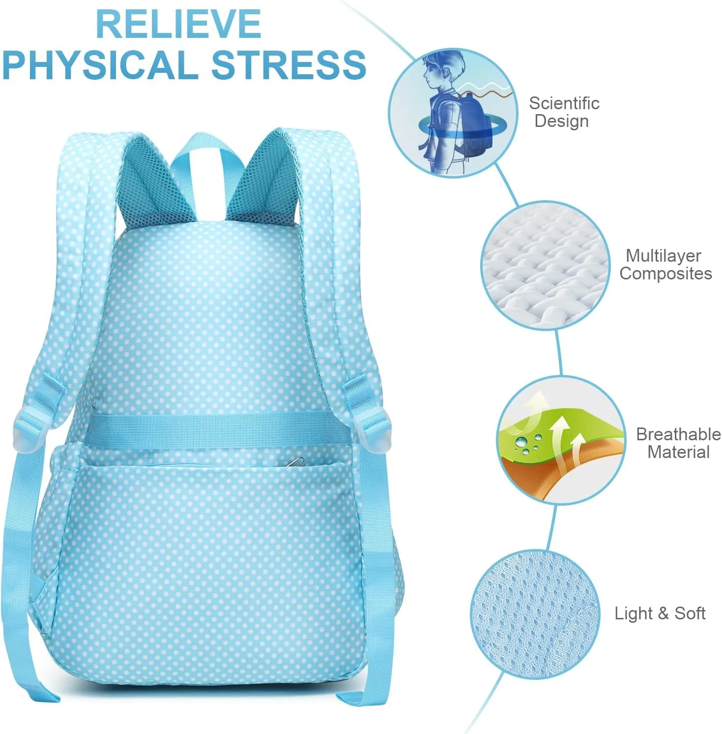 CaranY Lightweight Waterproof School Backpack for Kids Teens-Durable Travel Daypack for Boys & Girls Ages 6-18  with Padded Adjustable Straps Comfortable Design 30L(Blue Dots)