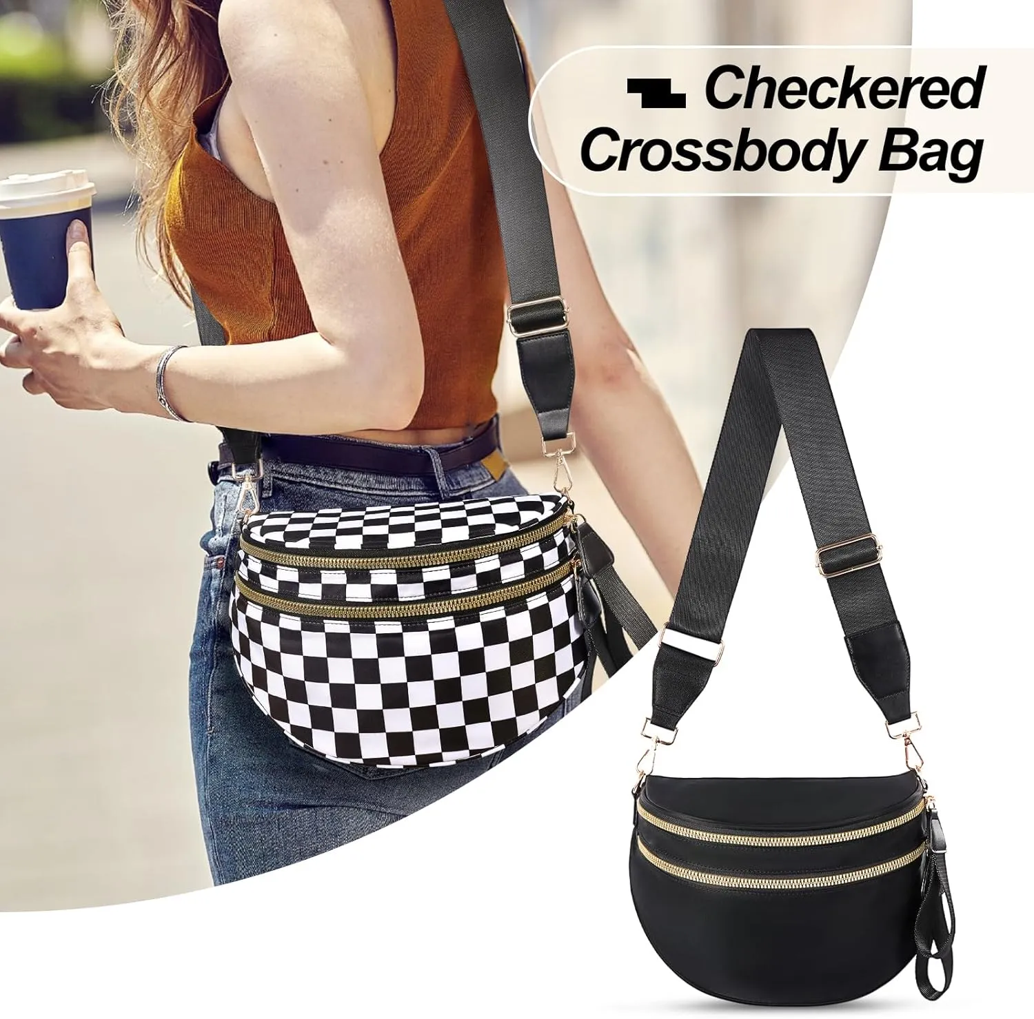 Checkered Crossbody Bag,Nylon Bum Bags for Women Crossbody,Spacious Sling Bag Purse Fanny Packs with Shoulder Strap