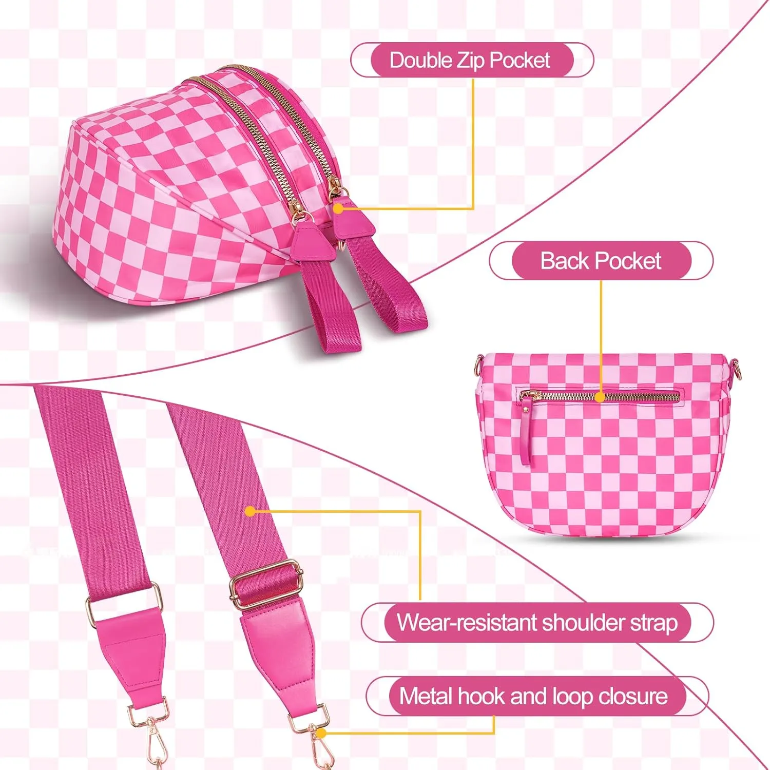 Checkered Crossbody Bag,Nylon Bum Bags for Women Crossbody,Spacious Sling Bag Purse Fanny Packs with Shoulder Strap
