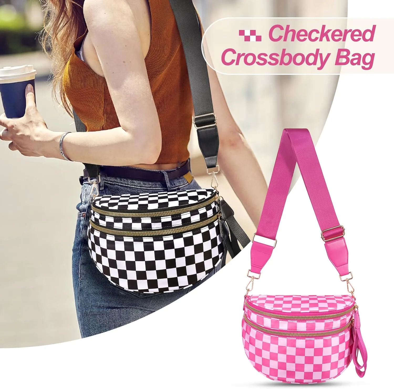 Checkered Crossbody Bag,Nylon Bum Bags for Women Crossbody,Spacious Sling Bag Purse Fanny Packs with Shoulder Strap