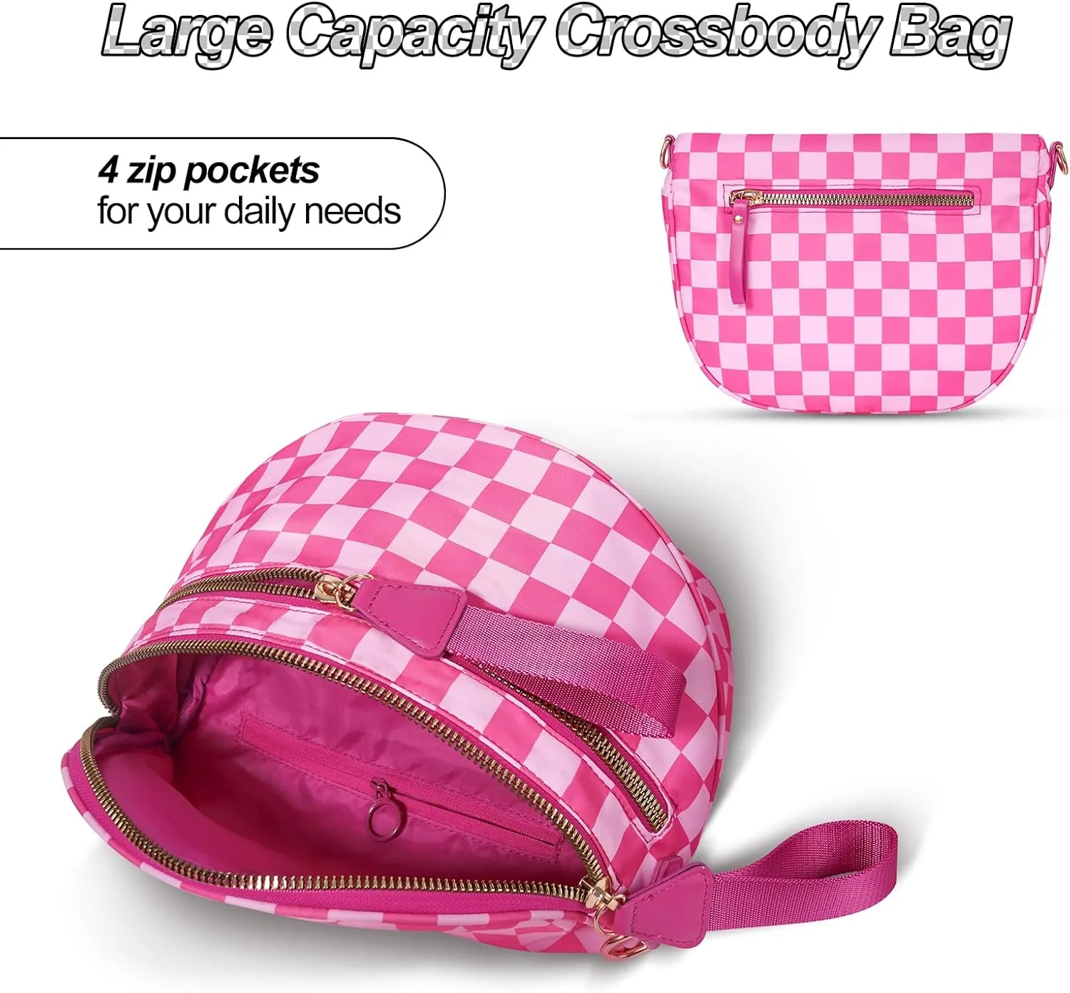 Checkered Crossbody Bag,Nylon Bum Bags for Women Crossbody,Spacious Sling Bag Purse Fanny Packs with Shoulder Strap