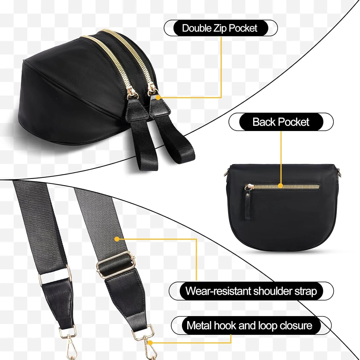 Checkered Crossbody Bag,Nylon Bum Bags for Women Crossbody,Spacious Sling Bag Purse Fanny Packs with Shoulder Strap