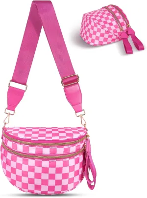 Checkered Crossbody Bag,Nylon Bum Bags for Women Crossbody,Spacious Sling Bag Purse Fanny Packs with Shoulder Strap