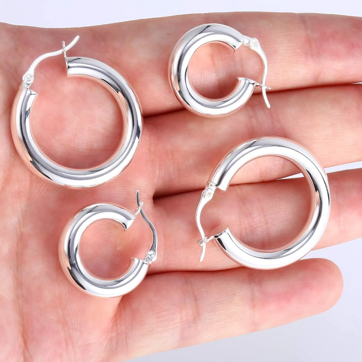 Chunky Hoop Earrings Thick Hoops for Women | Classic Thick Shiny Polished Round-Tube Chunky Hoop Earrings with 925 Sterling Silver Post for Women Girls Gift