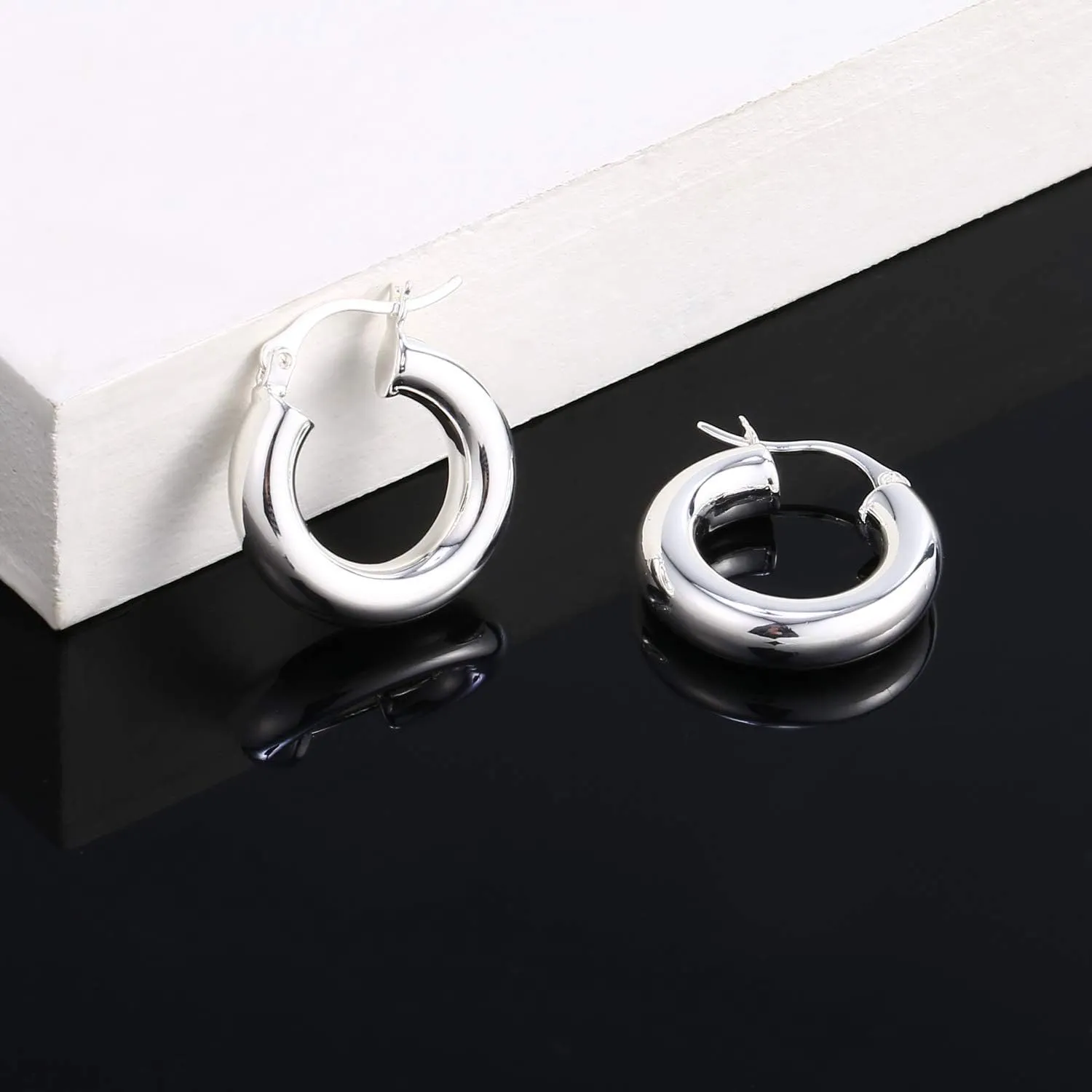 Chunky Hoop Earrings Thick Hoops for Women | Classic Thick Shiny Polished Round-Tube Chunky Hoop Earrings with 925 Sterling Silver Post for Women Girls Gift