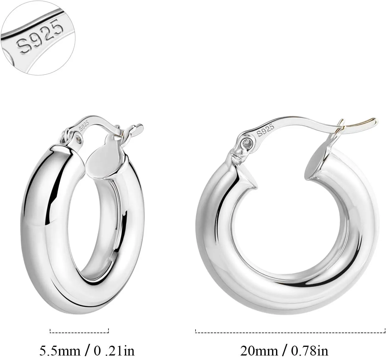 Chunky Hoop Earrings Thick Hoops for Women | Classic Thick Shiny Polished Round-Tube Chunky Hoop Earrings with 925 Sterling Silver Post for Women Girls Gift
